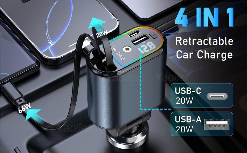 4-in-1 Starry Sky Retractable Car Charger 120W Top Projection Light Four-In-One Type-C+Lightning Dual Wires Usb+Pd Expansion Socket