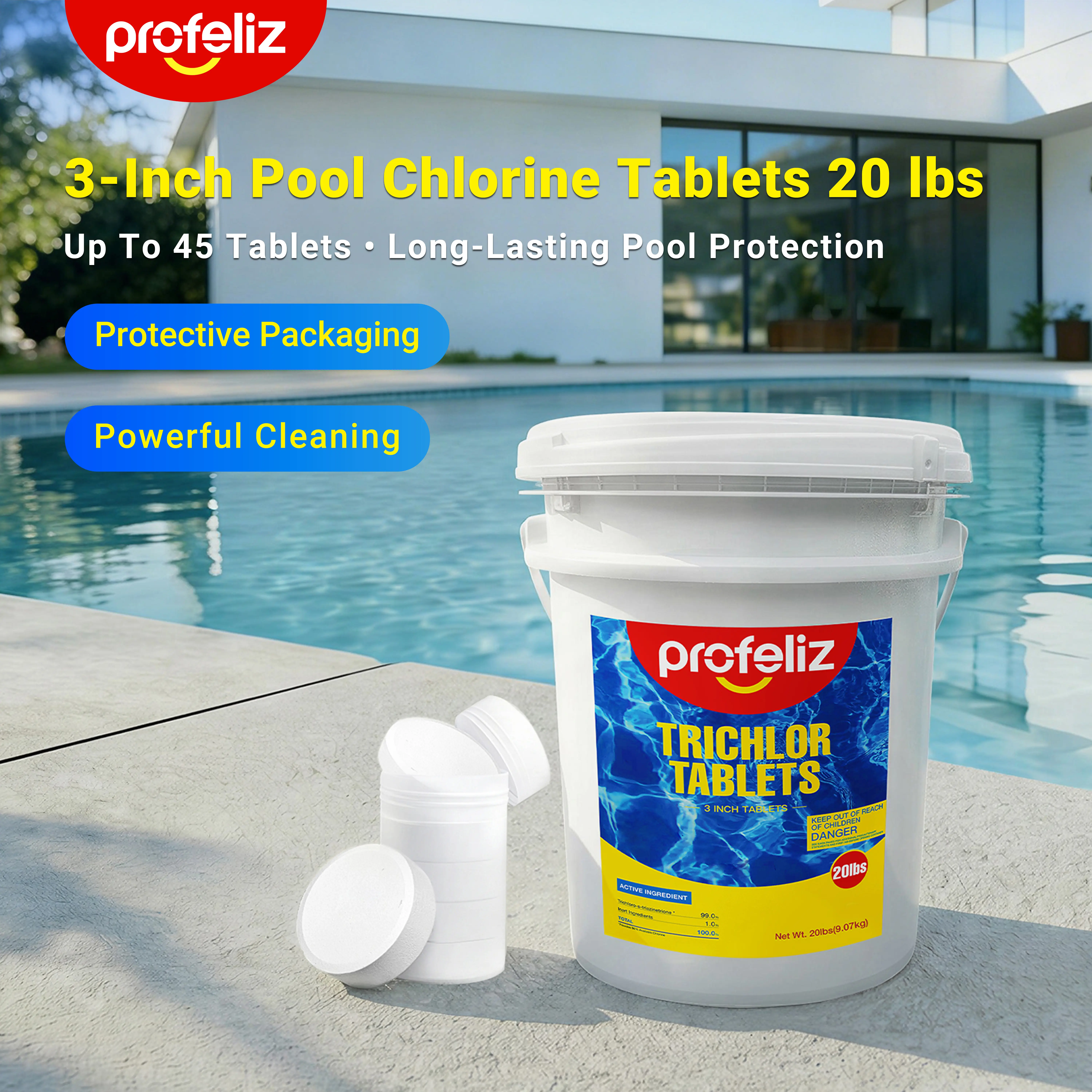 PROFELIZ Chlorine Tablets 3 Inch for Swimming Pools, Kills Bacteria and Stops Algae, Slow Dissolving,Exclusive Protective Packaging,Pool Chlorine Tablets,20lbs