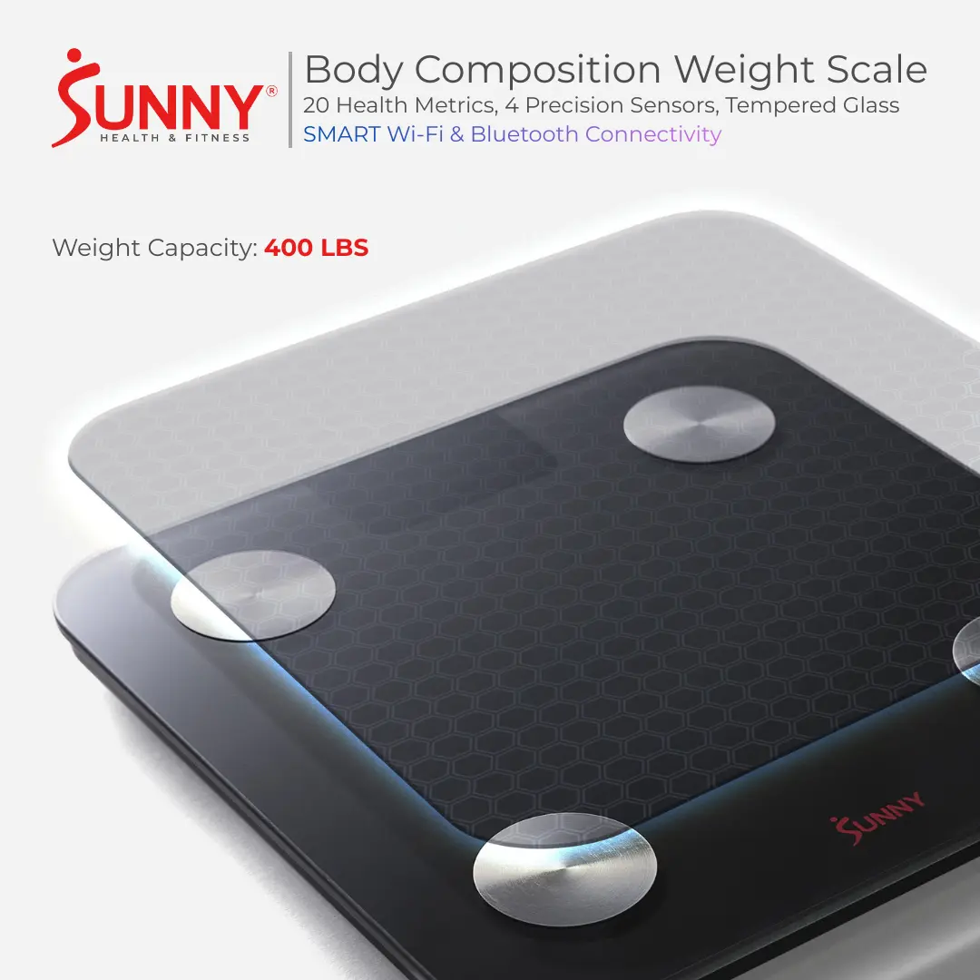 SUNNY Smart Digital Weight Scale 400 lbs Capacity Body Composition Bathroom Scale with 20 Health Metrics Info Diet High Accuracy Sensors Heart Rate Body Fat Muscle Mass BMI Tempered Glass LED Display Home Gym Fitness Workout Professional Wi-Fi Bluetooth