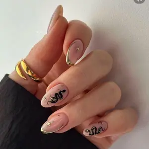 Black Snake design Press On Nail|Gold French tips Reusable Nail|Hot Girl Fake Nail|Premium Charm Star Nails|Sparkle Cool Nails Manicure