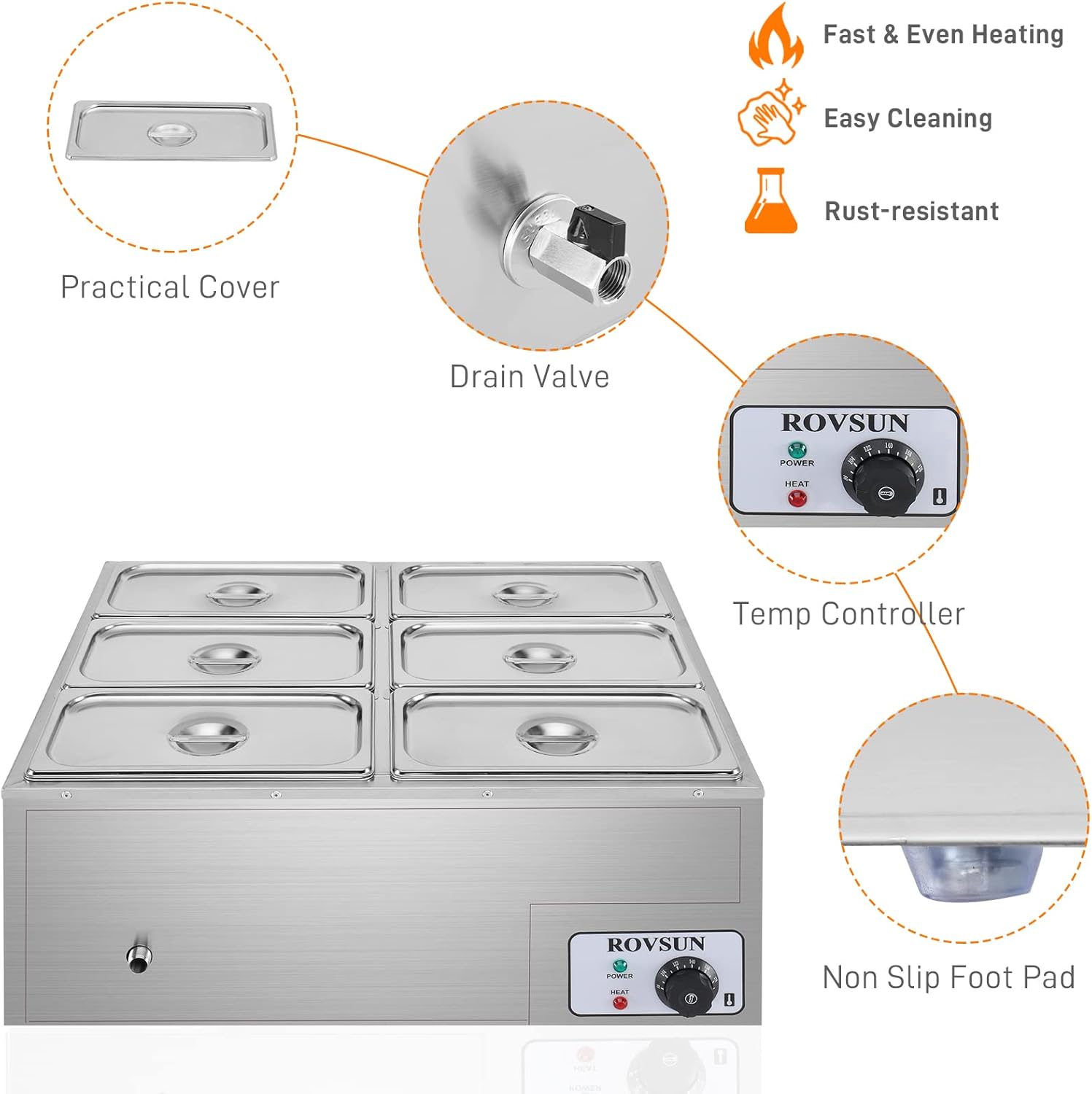 ROVSUN 42.3QT 6-Pan Electric Commercial Food Warmer, 110V Stainless Steel Bain Marie Buffet, 6.9 QT/Pan Stove Steam Table with Temperature Control & Lid for Parties, Catering, Restaurants SpringStatements ROVSUN 42.3QT 6-Pan Electric Commercial Food Warmer, 110V Stainless Steel Bain Marie Buffet, 6.9 QT/Pan Stove Steam Table with Temperature Control & Lid for Parties, Catering, Restaurants SpringStatements