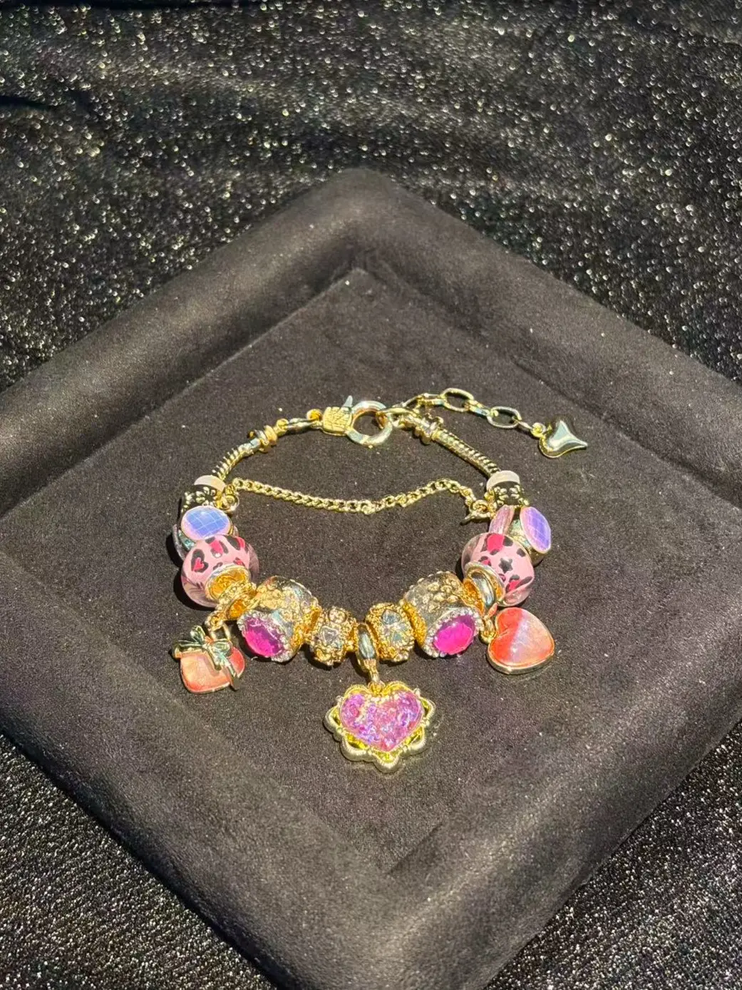Women's Gold-Tone Stackable Adjustable Bracelet - Pink Leopard Print Beads, Glitter Heart Pendant, Bright Pink Rhinestone Charms - Fashion Statement Jewelry Gift