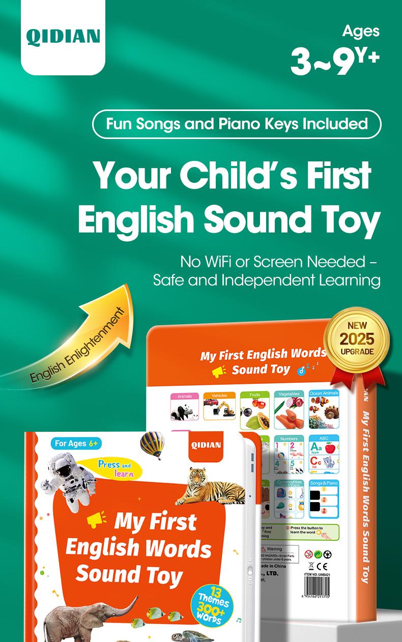 My First English Words Sound Book,2025 Upgraded 1–6 Years,300+ Words,13 Learning Themes.Talking Book Interactive Educational Toy Montessori Learning for Toddlers Preschool Kids.