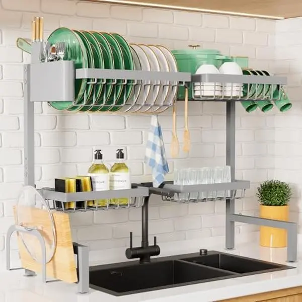 Over The Sink Dish Drying Rack - Adjustable Sink Drying Rack for Kitchen Sink with Multifunctional Baskets, Grey 30.0" to 33.9"x21.5",
