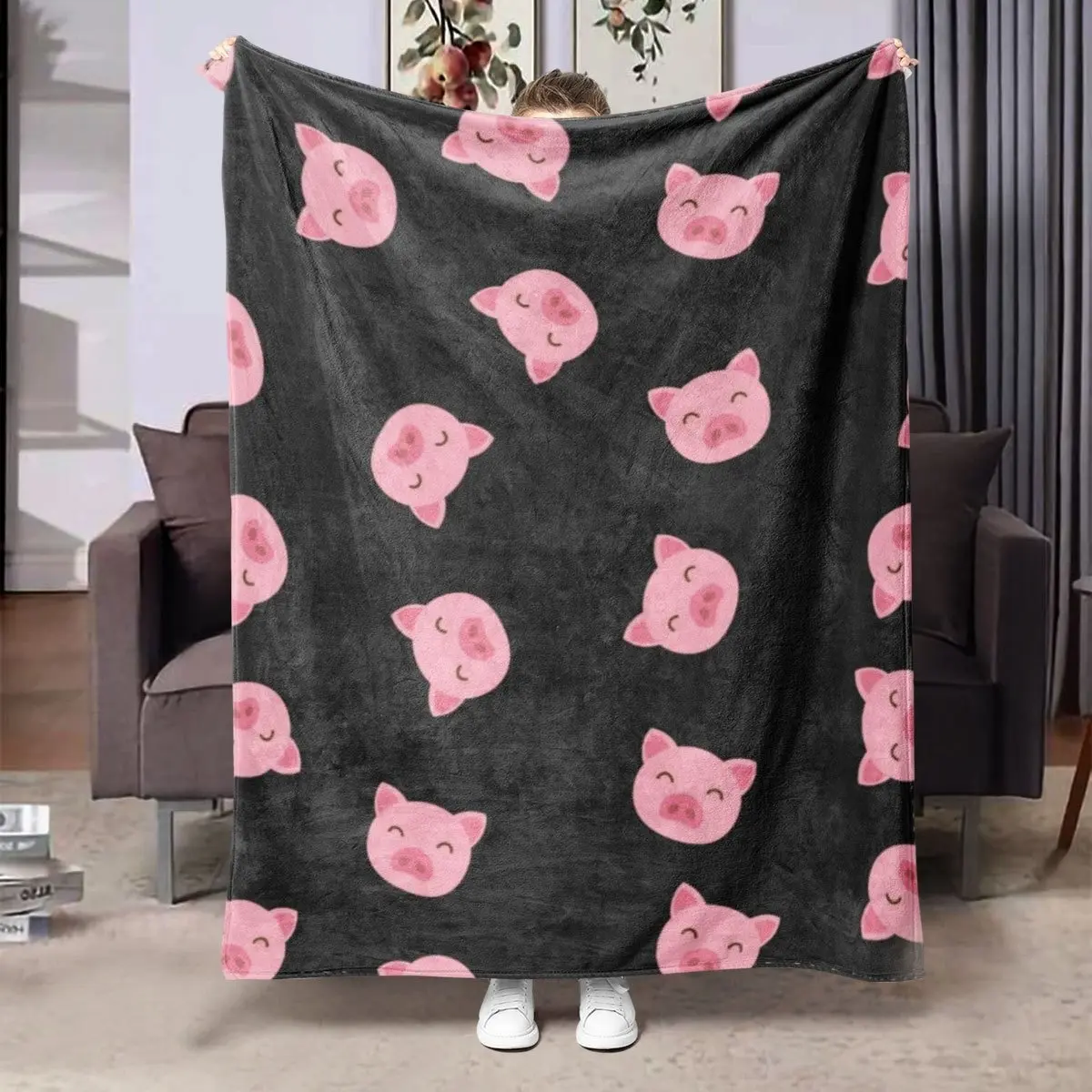 Cute Pink Pig Face Figure Print Flannel Throw Blanket, Soft Cozy Plush, Warm Fuzzy Bedding for Kids, Home Decor for Bedroom Sofa Couch, Ideal Gift for Pig Enthusiasts, Figure Print Blanket, Flannel Throw Blankets