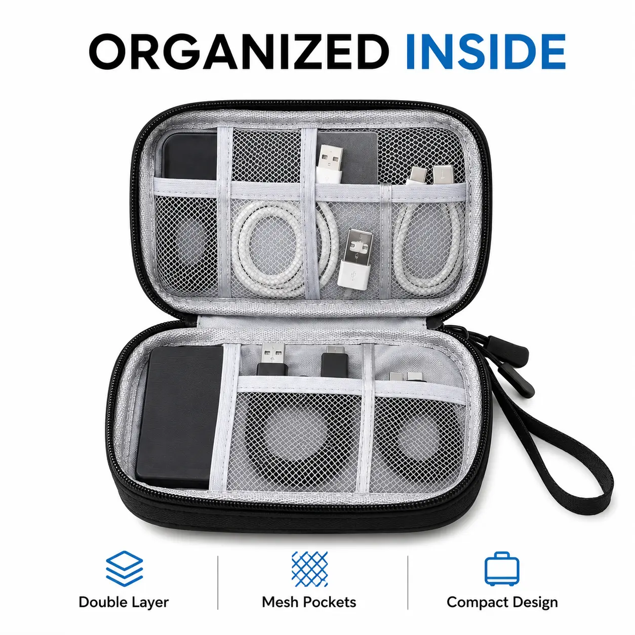 Double-Layer Electronics Organizer Travel Bag, Compact Multi-Compartment Tech Pouch for Chargers, Cables, Earphones, USB Drives, Phone Accessories, Travel Essentials & Desk Organization, Travel Stuff, Mini Travel Products