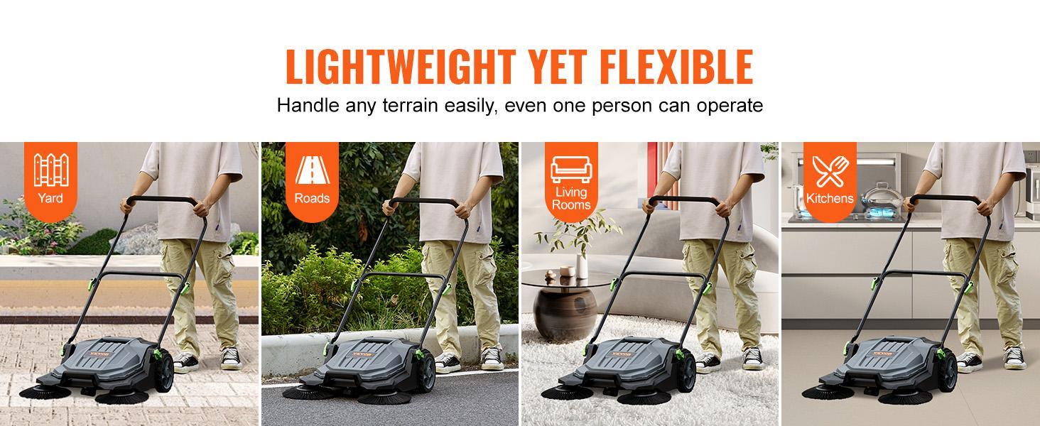 VEVOR Walk-behind Hand Push Floor Sweeper,  , 25.6" Sweeping Width Floor Sweeper Manual Non-Electric, 5-Gallon Waste Container, Angle & Height Adjustable Folding Handle for Walkway, Yard, Garage, Patio  VEVOR Super Brand Day
