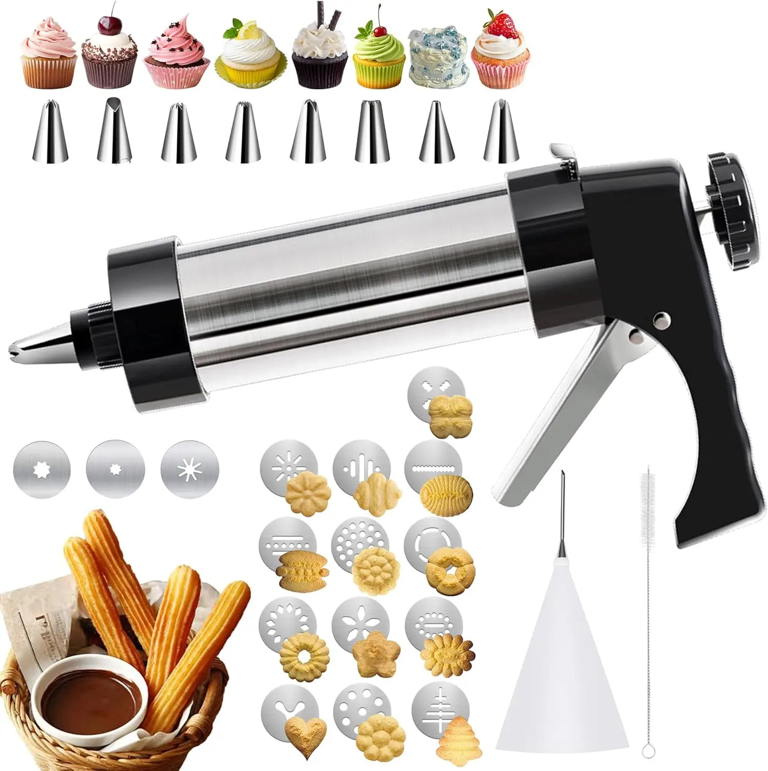 Stainless Steel Cookie Press Full Kit Set - 28pcs Kitchen Bakeware Utensils with 16 Cookie Discs, 8 Piping Tips, 2 Baking Brushes, Gun, Easy Cleaning for DIY Cake Decorating, Fry Prep, Holiday Creativity, Cookie Press Set