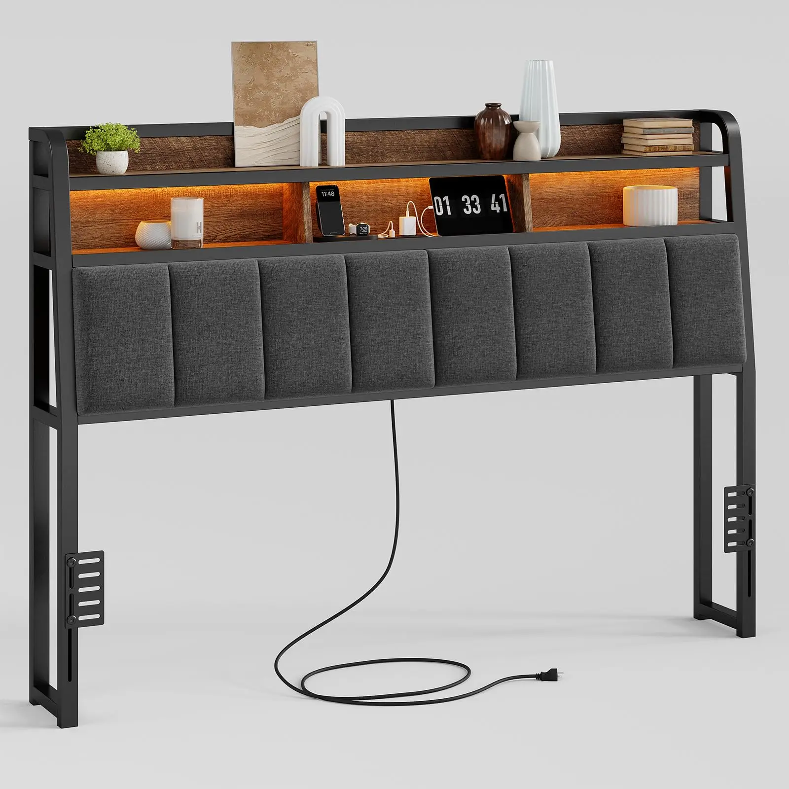 【BackToSchool】ONBRILL Ergonomic Queen Size Fabric-Covered Headboard for Bed - 2-Tier Storage, Built-In Outlets & USB Ports, LED Light, Curved Corners, Flexible Foam, Universal Mount Connector, Height Adjustable (Headboard Only), Metal Frame