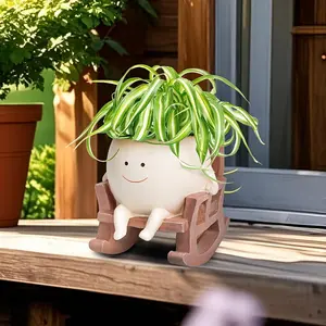 Smiley Face Garden Planter Pot, 1 Piece Decorative Cartoon Resin Pot for Indoor Plants, Cute Rocking Chair Succulent Flower Pot with Drain Hole for Home or Office Desk