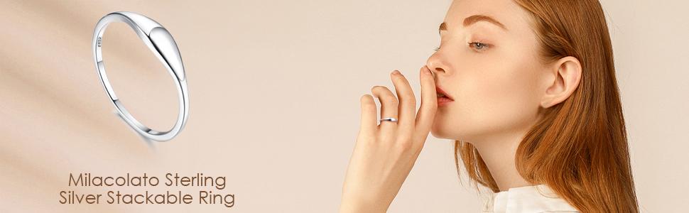 MILACOLATO 925 Sterling Silver Rings for Women 18K White Gold Plated Dome Oval Plain Signet Rings Tarnish Resistant Stackable Statement Band Thumb Rings Comfort Fit Size 5-10