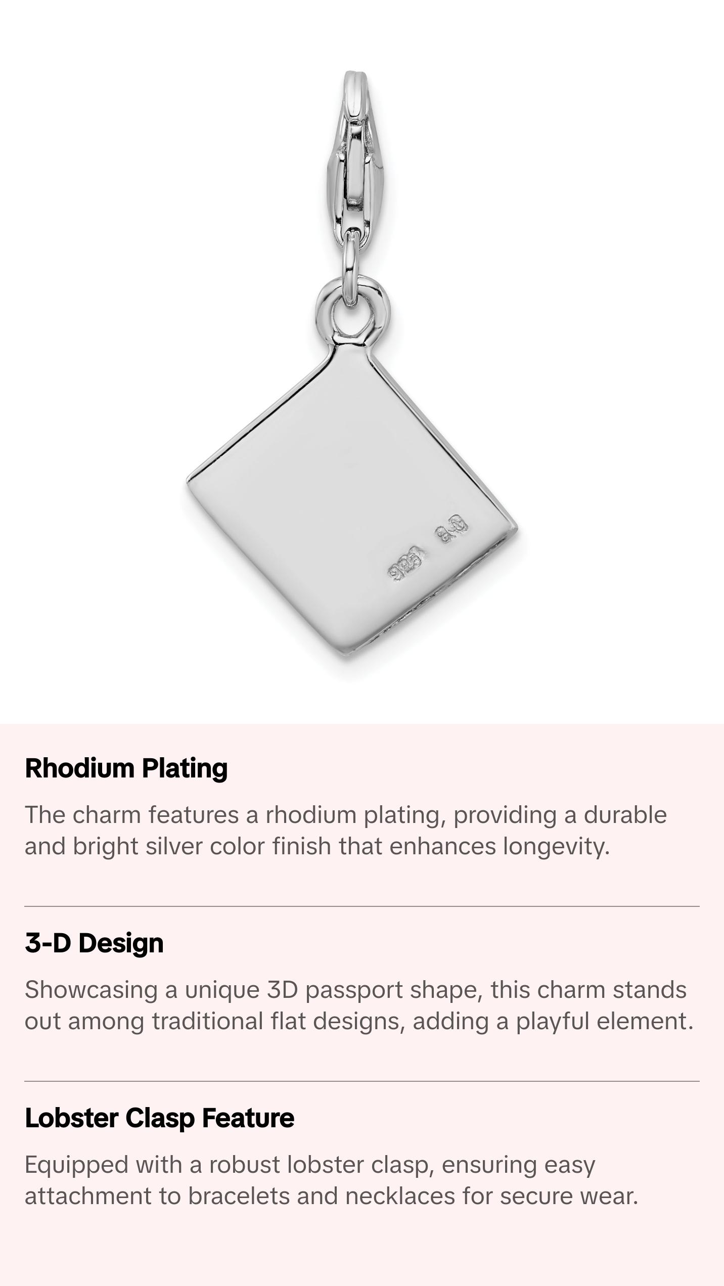 Amore La Vita Sterling Silver Rhodium-plated Polished 3-D Passport Charm with Fancy Lobster Clasp