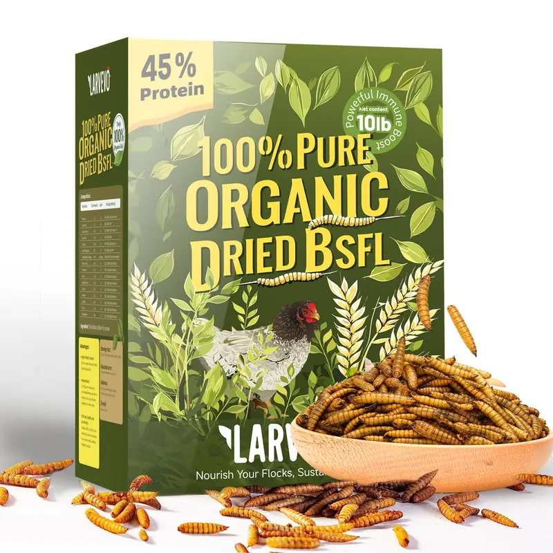 Larvevo 100% Black Soldier Fly Larvae Dry Food - Non-GMO, Gluten-Free, 45% Protein Universal Feed for Chicken,Duck,Goose, High Calc Mealworm Alternative, 0.5/2/5/10 lbs, 12-Month Shelf Life, Egg Support, Strong Feathers, Store Dry