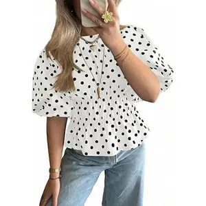 Cicy Bell Womens Polka Dots Peplum Tops Summer Puff Short Sleeve Round Neck Blouses Trendy Casual Shirts