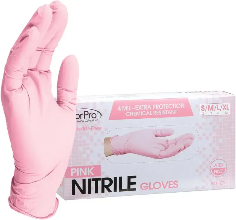Disposable Nitrile Gloves, Chemical Resistant, Powder-Free, Latex-Free, Food Safe, 4 Mil Thick, Pink Medium Size, Pack of 100