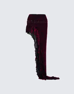 Kira Red Velvet Burn Out Beaded Maxi Skirt