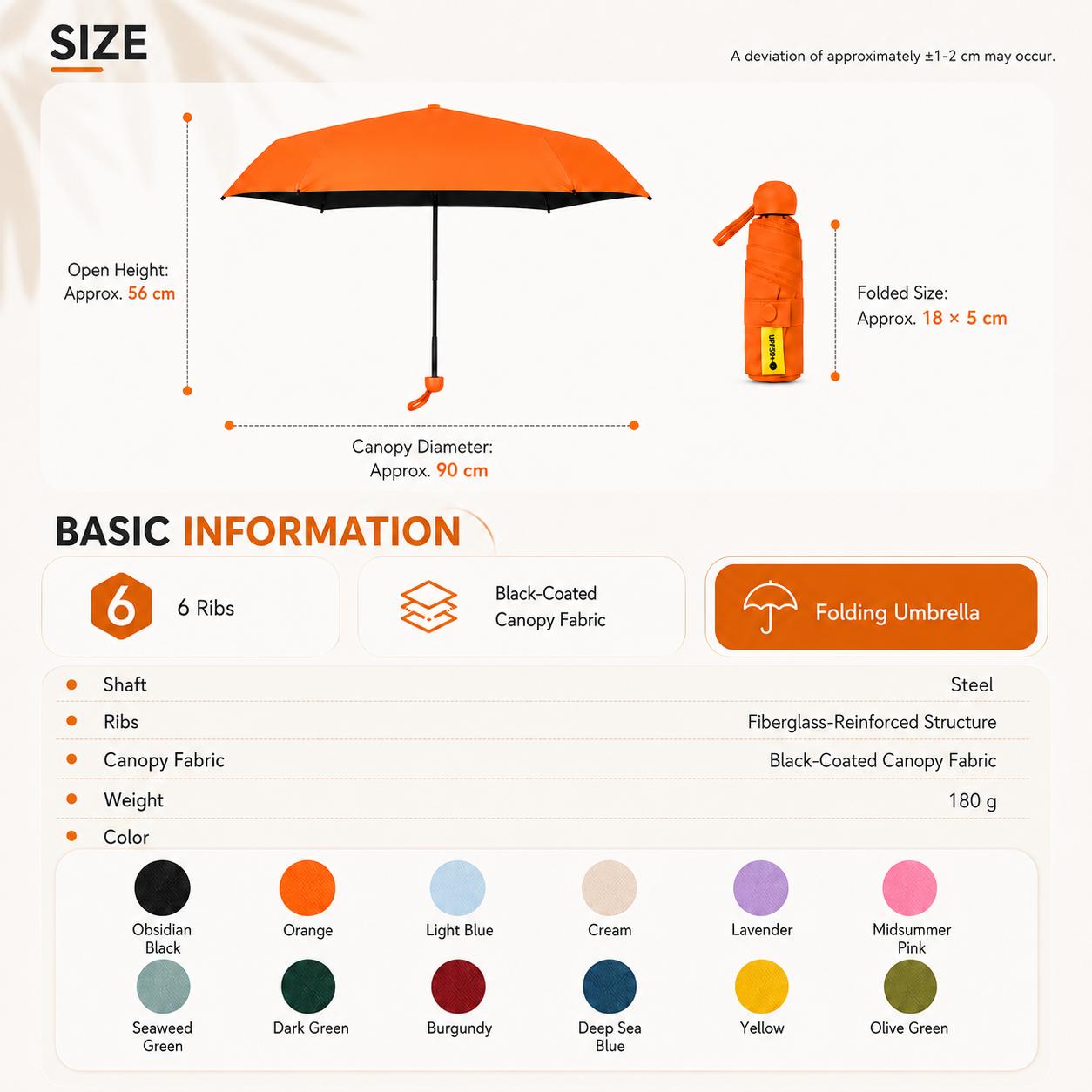 Mini Folding Pocket Umbrella, UPF50+ Sun Protection, Water-Repellent Compact Travel Umbrella with Blackout Inner Coating, Lightweight Portable Design for Purse, Mini Bag, Backpack, Car, Beach, Daily Commute, Summer Trips, Outdoor Use, Women, Men and Teens