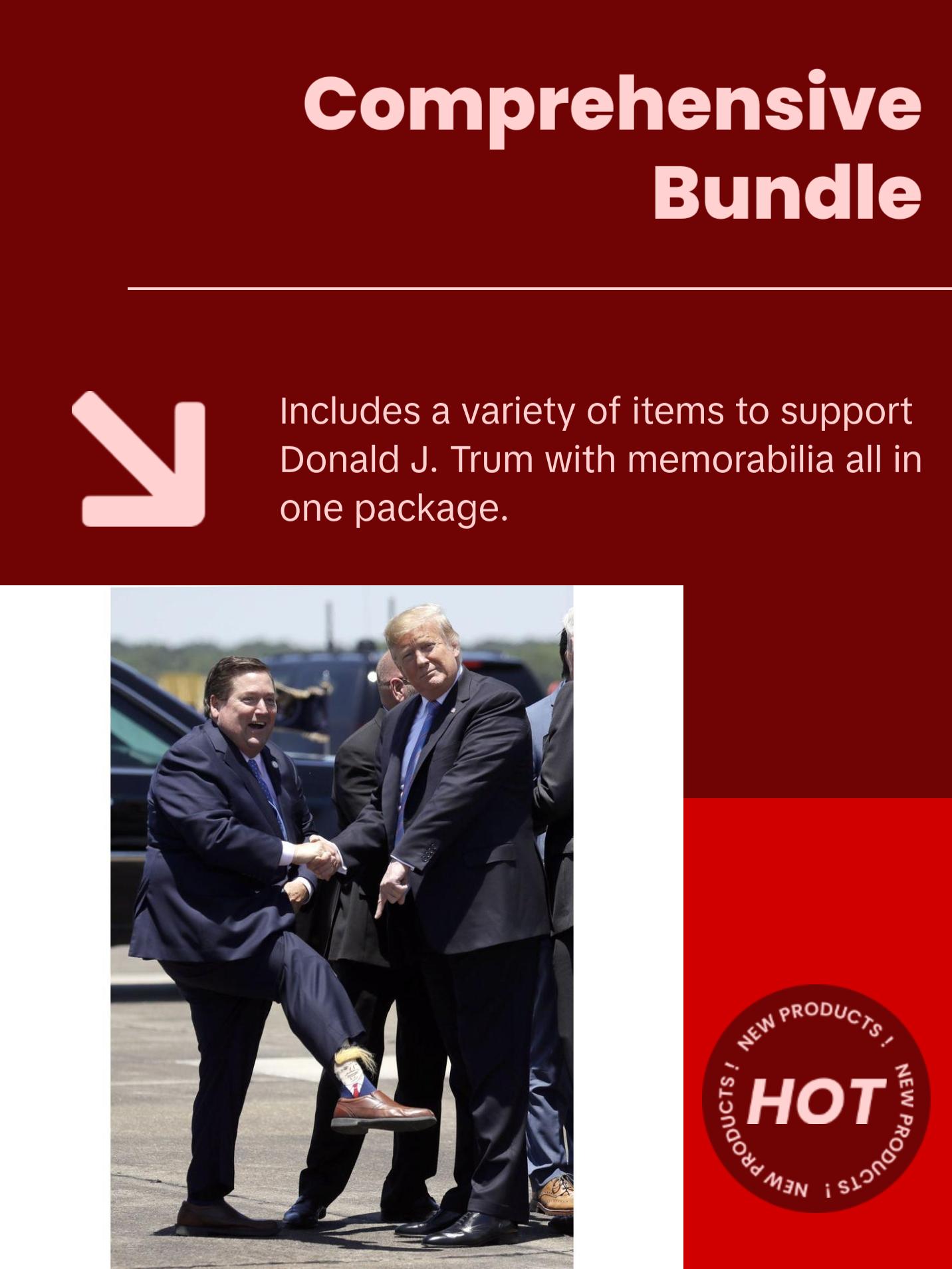 Trum 2024 All-In-One Bundle including socks, hat, banner, flag, multi-function pen, stickers, and coin