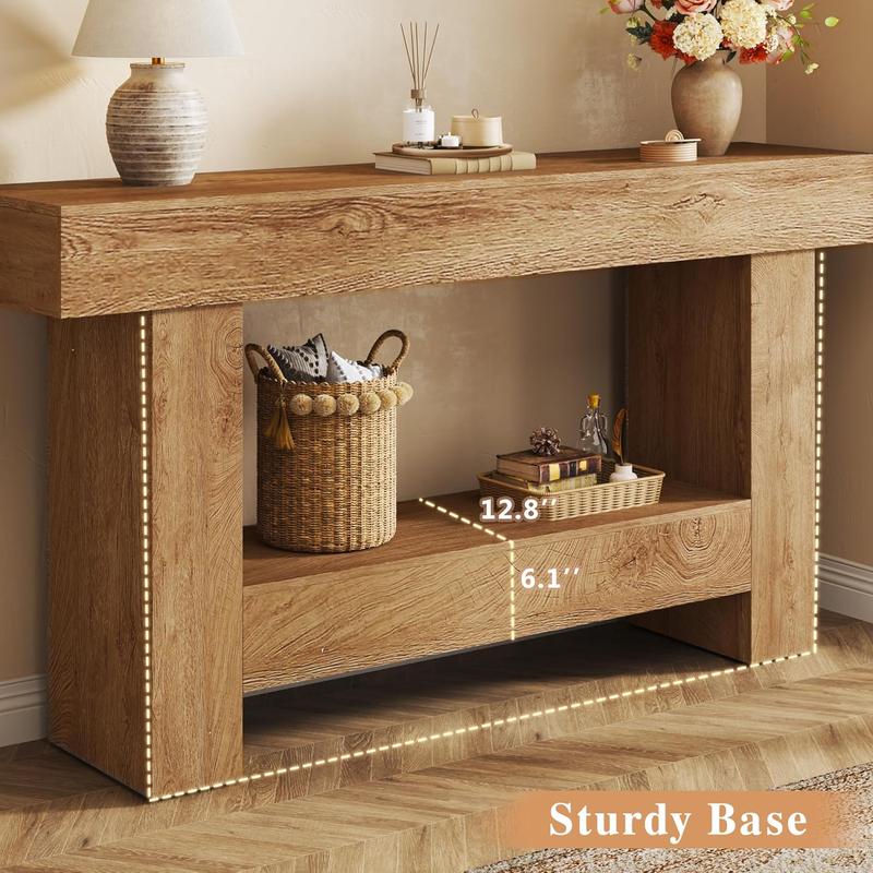 63 Inches Long Console Table, Sofa Table with Storage Behind Couch, Entryway Table with Open Storage, Farmhouse Console Tables for Entryway, Living Room, Hallway, Oak Color