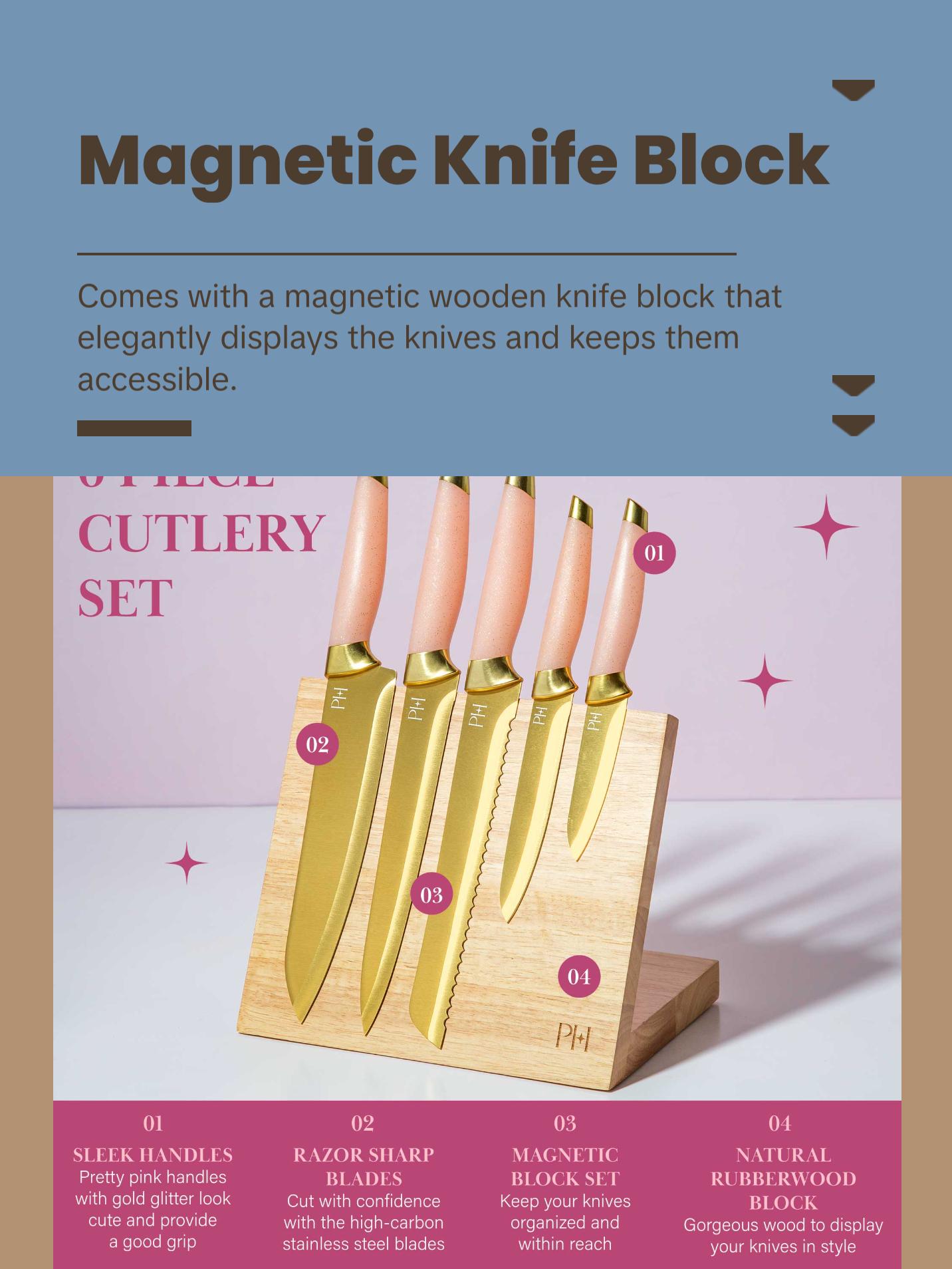 Paris Hilton Knife Block Set with Magnetic Wooden Knife Block, High Carbon Stainless Steel Blades, Titanium Coating, 6-Piece Set, Pink & Gold