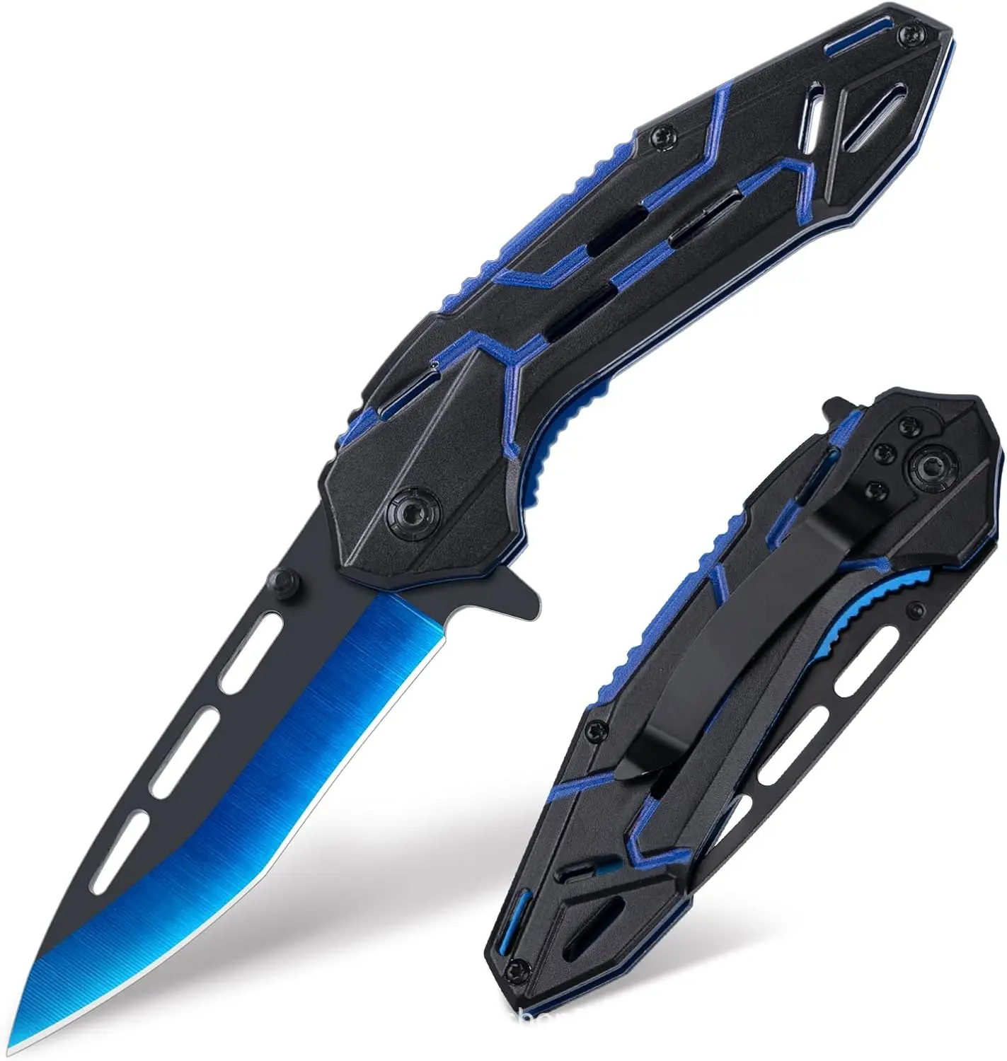 [Father's  Top Gift] Men's Black-Blue Geometric Hollow Tactical Folding Pocket Knife, Quick-Open Stainless Steel Sharp Blade, Belt Clip, Lightweight EDC Utility Cutting Tool for Camping, Hiking, Father's Day Gifts, Mens Gifts