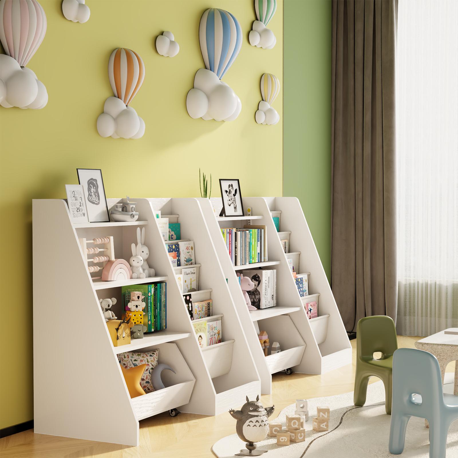 4-Tier Rolling Toy Storage Cabinet for Kids, 5 Layer Sling Toddler kids furniture,Baby Furniture Book Rack,Book and Toy Organizer Cabinet  with Wheels , White.