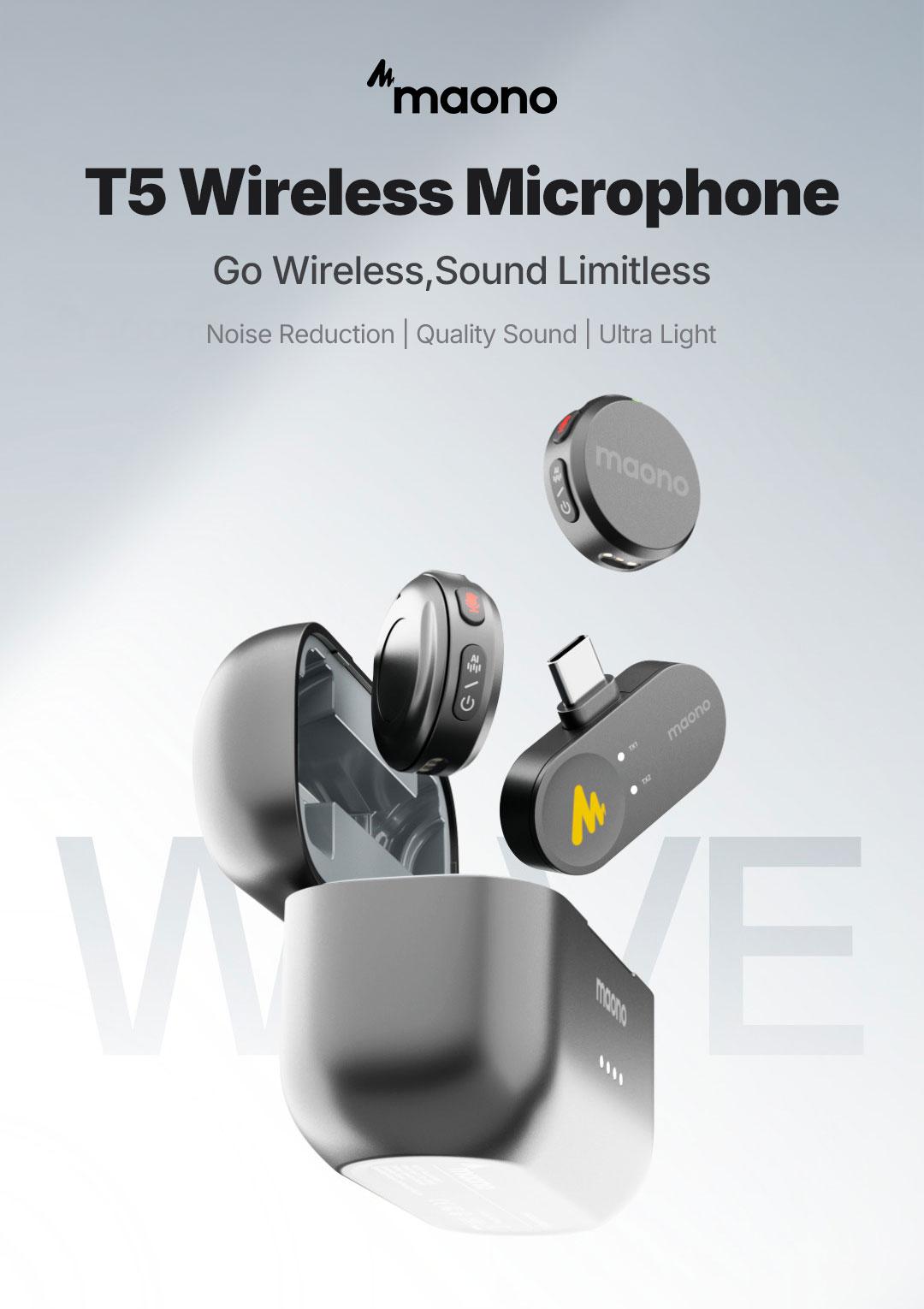 Maono T5 Wireless Lavalier Microphone, Audio Noise Reduction, Compatible with PC Camera, iPhone, Type C Android Smartphone, Ideal For Youtube, Facebook,TikTok Video Vlogging, Streaming, Recording, Interview, Content Creating.