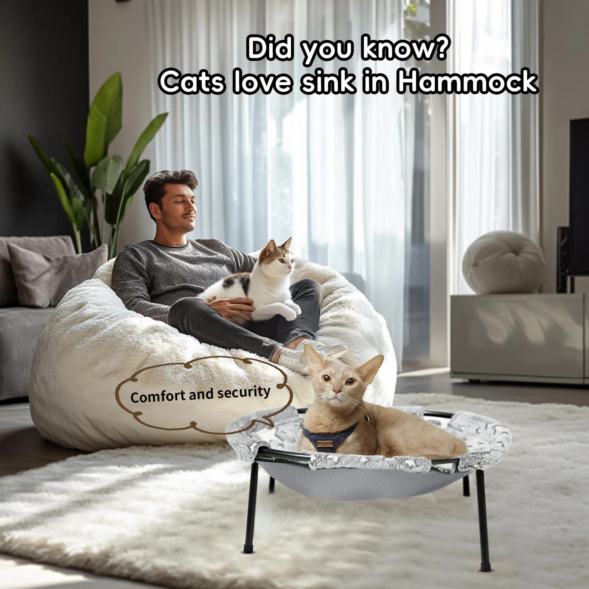 POMESEA Raised Nylon Classic Geometric Pet Hammock Bed - Glow-in-the-Dark Soft Elevated Bed with Steel Frame, Anti-Anxiety Design, Sturdy Support, Easy Assembly for Cats, Secure Resting Indoor Desk/Floor Lounge Furniture