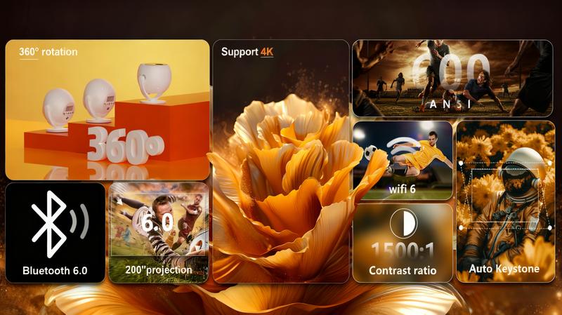 XBJ Portable Projector 360° Projection 2.4/5G WiFi 360° HDDual Band Wireless 6+ BT6.0 LED 200 Inch Screen Built-in Speaker 1080P Full HD Auto Keystone Electric Focus for HomeCinema Outdoor Use Great Gift