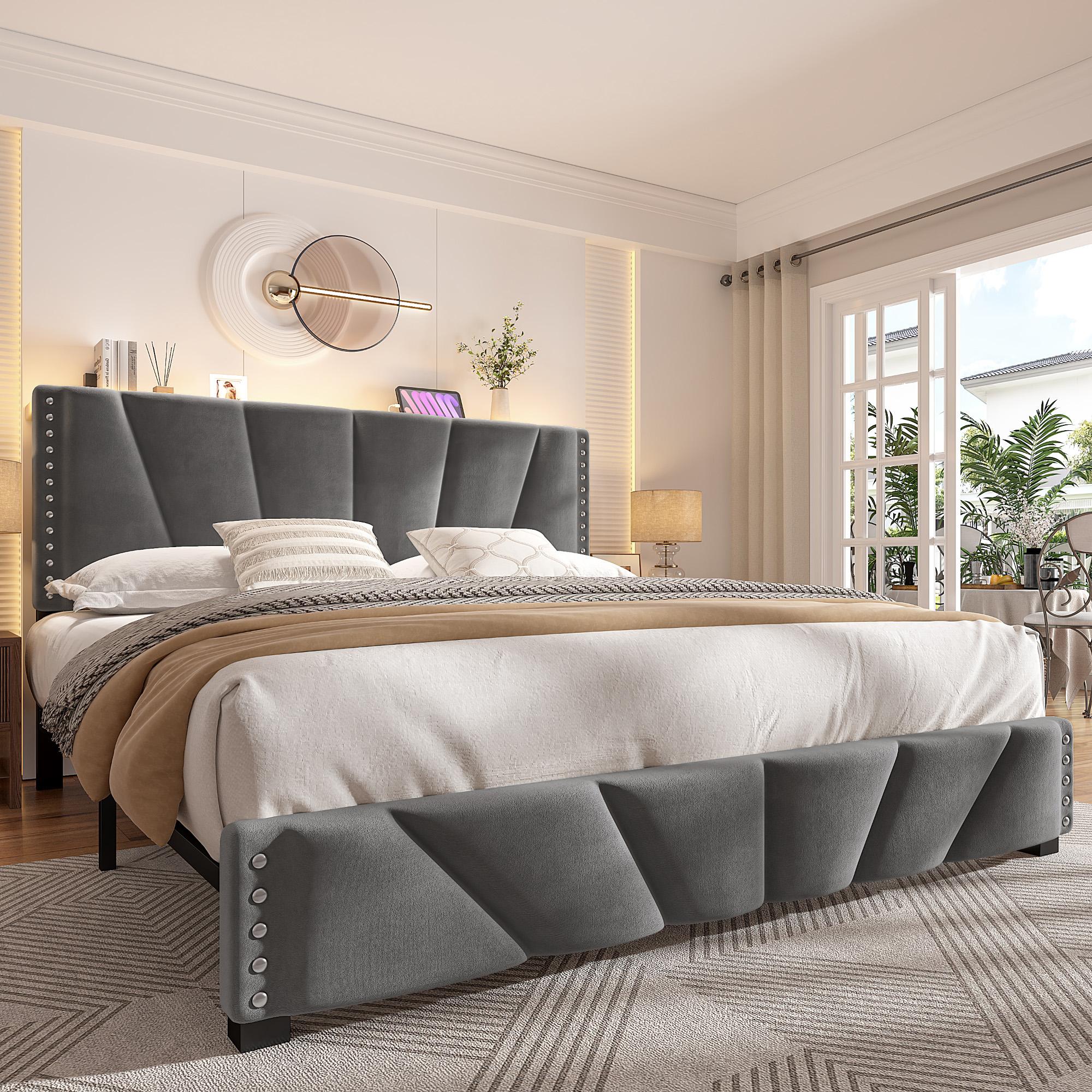 Bed Frame King Size with LED lIghts & Charging Station, Upholstered Queen Bed Frame with Shelves, Luxury Bedframe, Bedroom FurnitureNo Mattress, Noise Free, Holds 880LBS, Wood Slats & Metal Frame, Beige, Gray