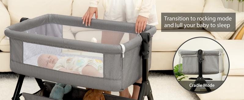 Baby Bassinet Sleeper, 6 Height Adjustable Cribs, Easy to Fold Portable Crib Side Bassinet, Swing Cradle Bed Side Sleeper with Ventilated Net&Wheels Folding Cot Layer Floorbed