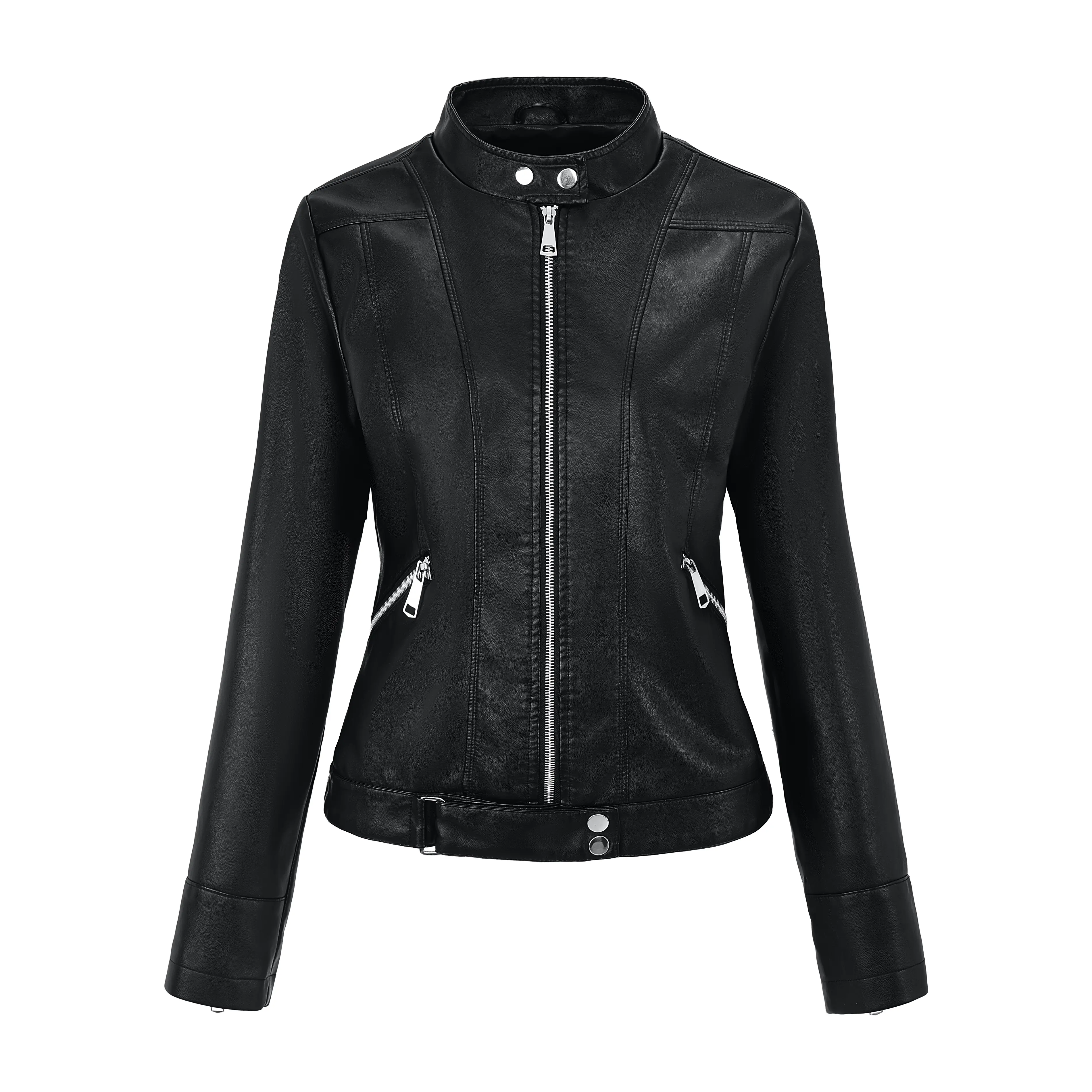 Women’s PU faux leather stand collar zip-up slim-fit cropped biker jacket with segmented topstitching, suitable for everyday commuting and street photography in spring and autumn.