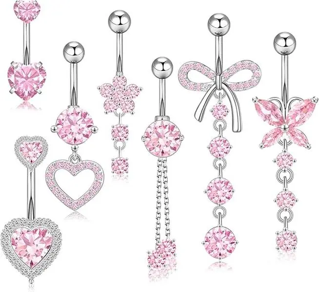 7pcs Pink Crystal Dangle Belly Button Rings Set, Surgical Stainless Steel Navel Piercing Jewelry, Heart Butterfly Bow Flower Dangling Belly Rings for Women Daily Body Piercing Accessories