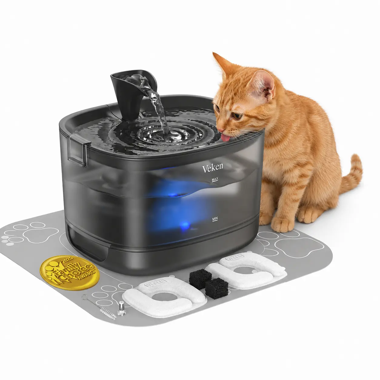 【Veken】 Cat Water Fountain with Detachable Tank & Secure Clips, Easy to Clean & Assemble, 85oz/2.5L Pet Drinking Dispenser with Quiet Operation & LED Light, Gifts, Cats, Dogs and Small Pets