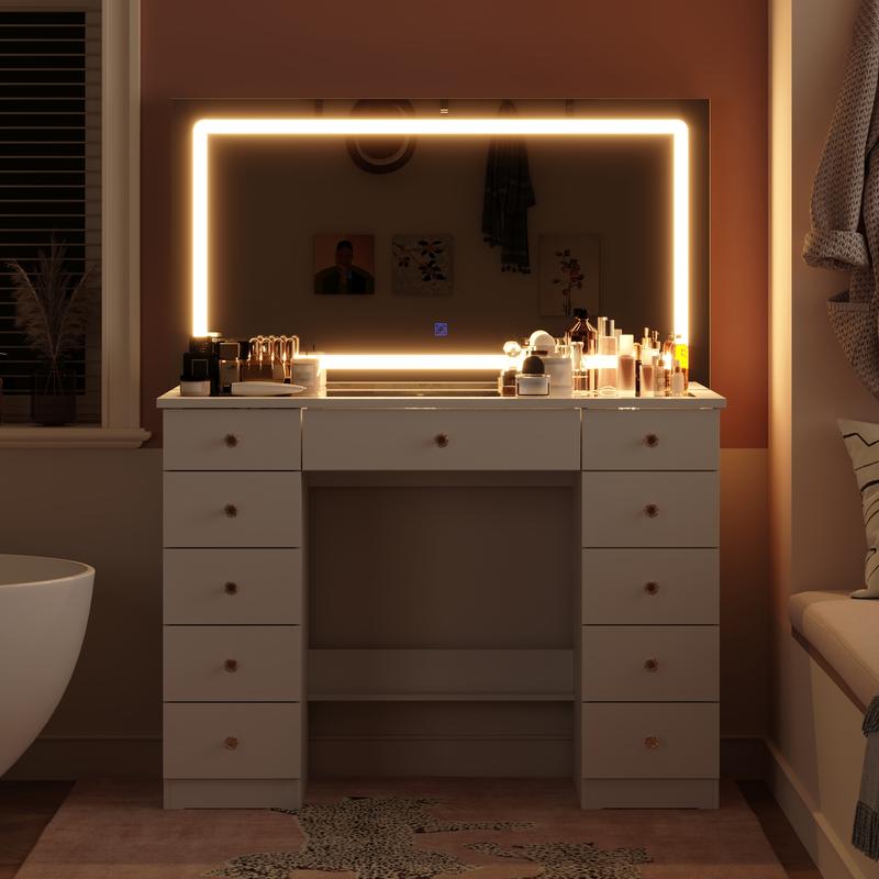 FUFU&GAGA Crystal Handle Makeup Vanity Glass Tabletop with Large Lighted Mirror, with 11 Drawers, Touch Control 3 Color Modes & Adjustable Brightness LED Strip Dressing Table