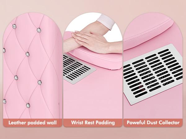 Sturdy Pink Manicure Table with Dust Collector Nail Desk with Nail Arm Rest Open Shelves Leather Padded Walls for Nail Techs