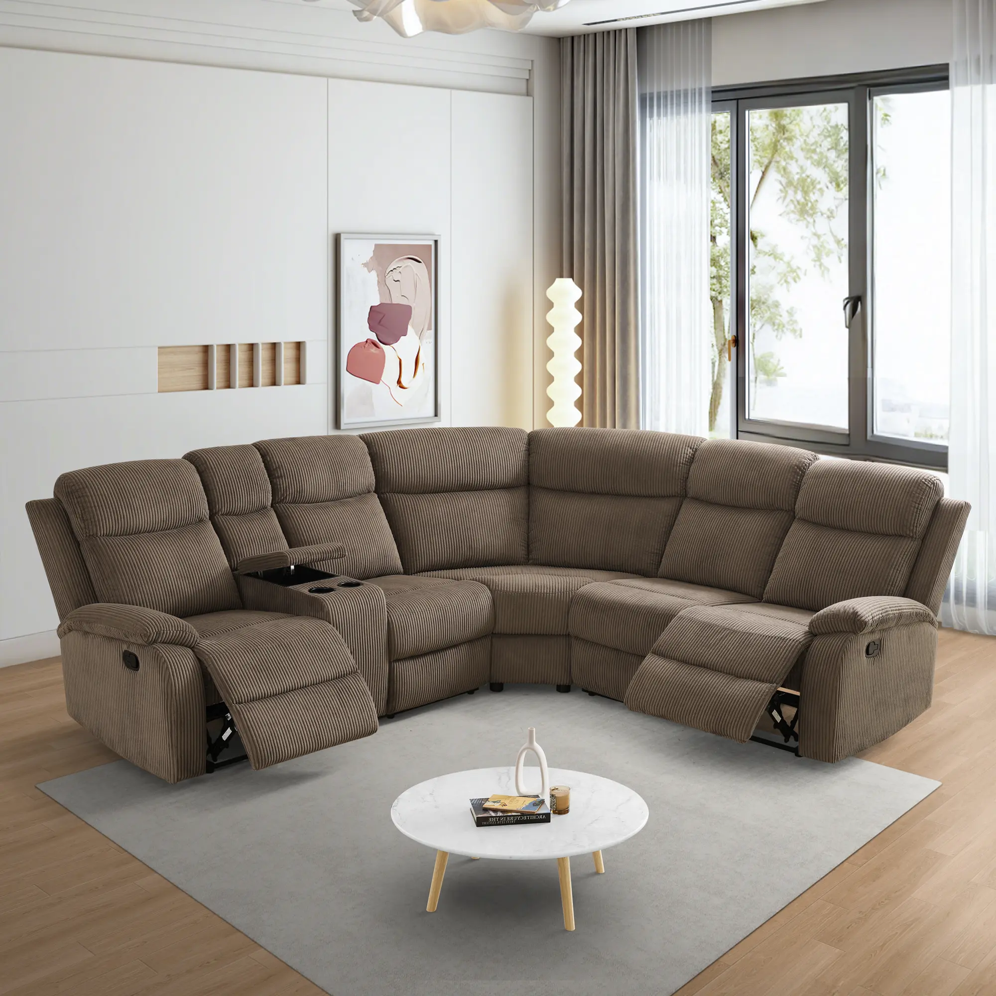 Modern Brown Stripe Fabric 3-Piece Intelligent Recliner Sofa Set Comfortable Luxury Living Room Furniture Reclining Sofa Upholstered Sofa U Shaped Sofa