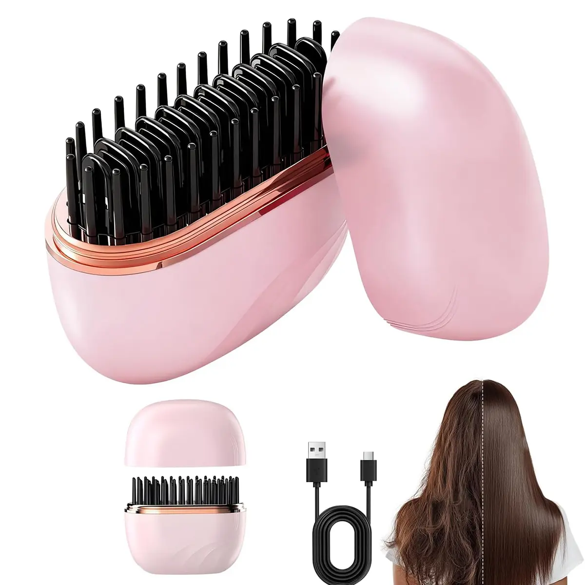 Mini Cordless Hair Straightener, Portable 2-in-1 Heated Comb & Iron, 3-Speed Temperature Control with Anti Scald Shell, USB-C Rechargeable, Travel-Friendly Styling Tool, Multifunctional Hair Styler For Travel & Home Anti-Frizz Brush Pink