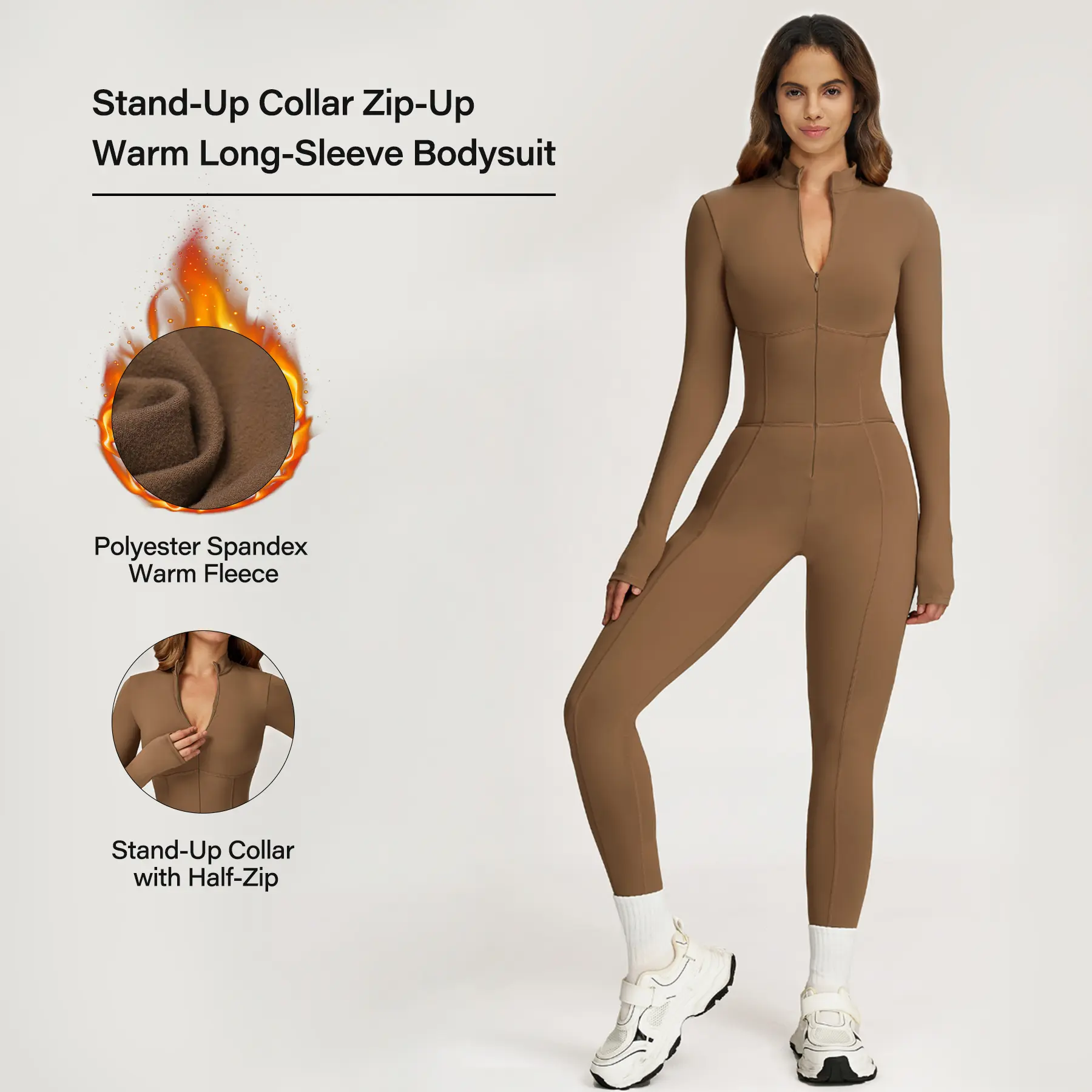 Women's Long-Sleeve Jumpsuit, Solid Color Zipper Front Sports Outfit, High-Elastic Quick-Dry Polyester Spandex for Yoga & Gym, Sports Outfits, Workout Apparel, Quick Dry Jumpsuit, Solid Color Jumpsuits Stylish Activewear,back to school,back to school haul