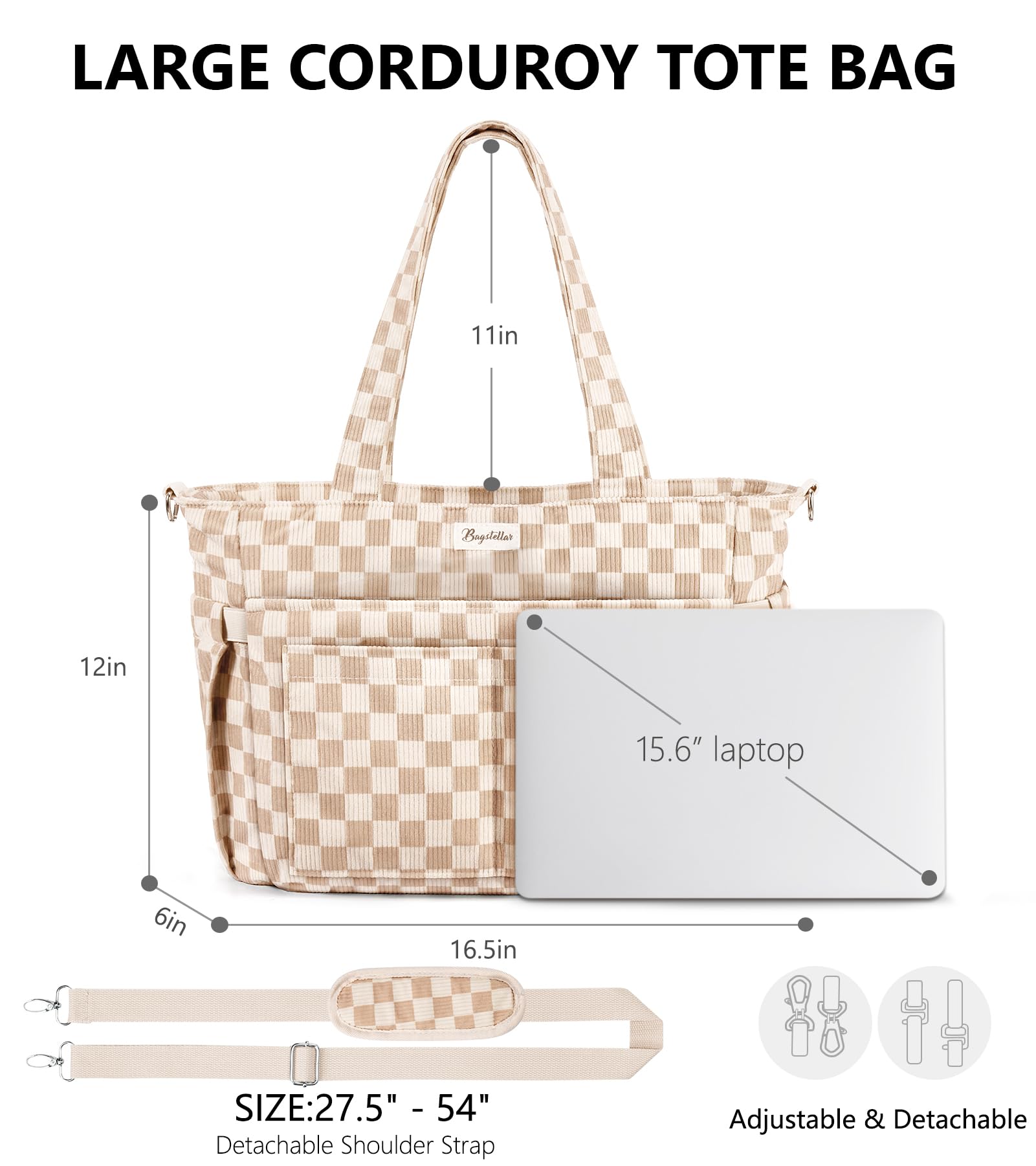 Bagstellar Corduroy Tote Bag for Women, 15.6 inch Laptop Work Bags with Large Cup Holder, Detachable Shoulder Strap Travel Handbag for Mom Wife Student Teacher Nurse Daily, Travel, Gym