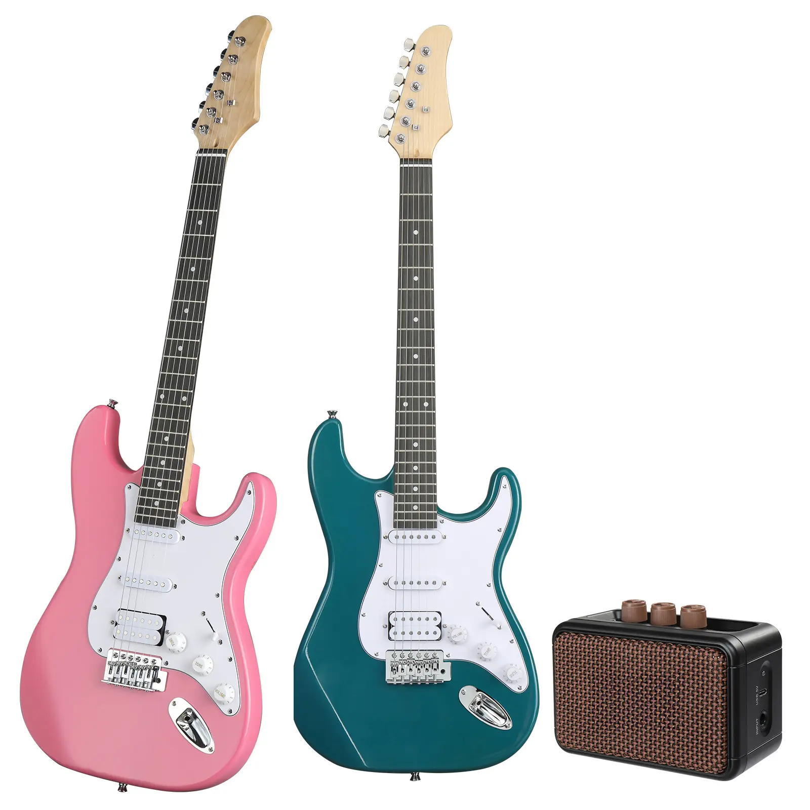 Beginner Electric Guitar Kit - Affordable Guitar, KST Basswood 22-Fret Lake Blue Body, White Pickguard, H-S-S Pickup, 5-Way Switch, Bluetooth 5.0, 5W Amplifier, Bag, Strap, Strings & Full Accessories Set