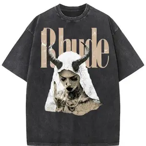 Rhude Horned Goddess Wed Shirt - Gothic Streetwear Tee for Trendy Fashionistas Cotton Fit