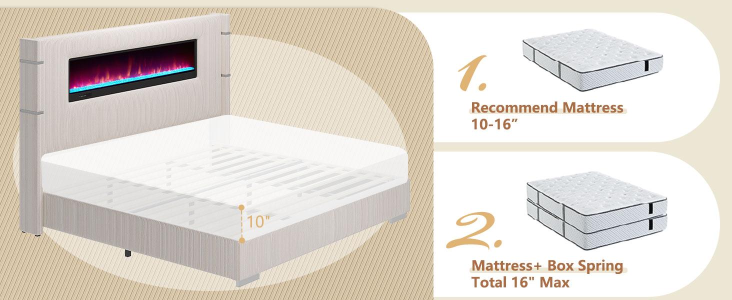 【Ships in 2 Boxes】AMERLIFE Modern Bed Frame with Fireplace, Wingback Platform Bed with 60.4“ Extra Tall Headboard, Corduroy Upholstered Bed Wooden Slats/No Box Spring Needed