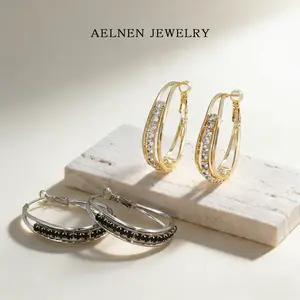 AELNEN Dual-Tone Double Hoop Earrings - S925 Black/White Zircon Pave Statement Hoops - Luxury Daily Jewelry