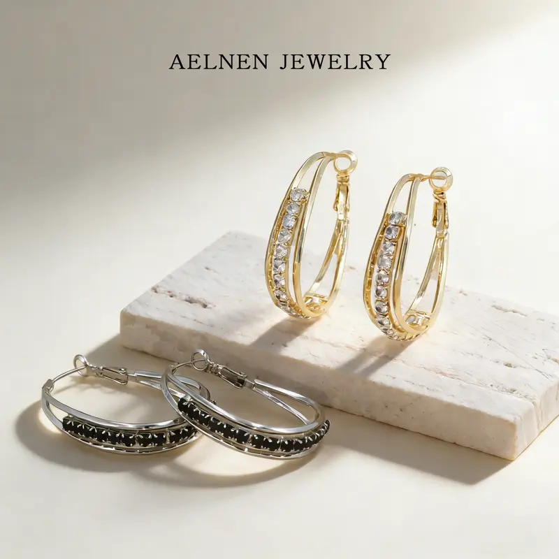 AELNEN Dual-Tone Double Hoop Earrings - S925 Black/White Zircon Pave Statement Hoops - Luxury Daily Jewelry