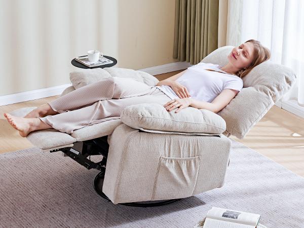 Rocker Recliner Chair, Swivel Recliner with Vibration Massage & Lumbar Heating, 270° Rotating Chenille Fabric Recliner with footrest for Living Room & Bedroom