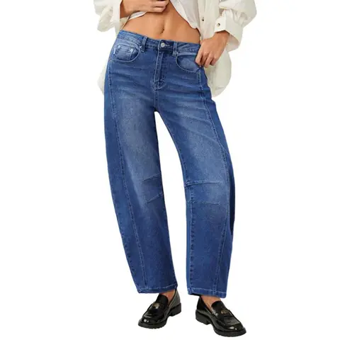 Genleck Women's High-Waist Basic Denim Jeans - Stylish Streetwear Clothing with Wide Leg, Cropped Baggy Ankle Fit, Pockets, Button Accent, 1.0% Spandex-Polyester Fabric for Casual Christmas Wear