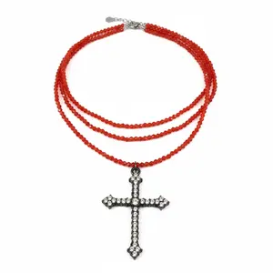 TEIKET Crystal HANDMADE Cross Beaded Necklace Set (Red & White)