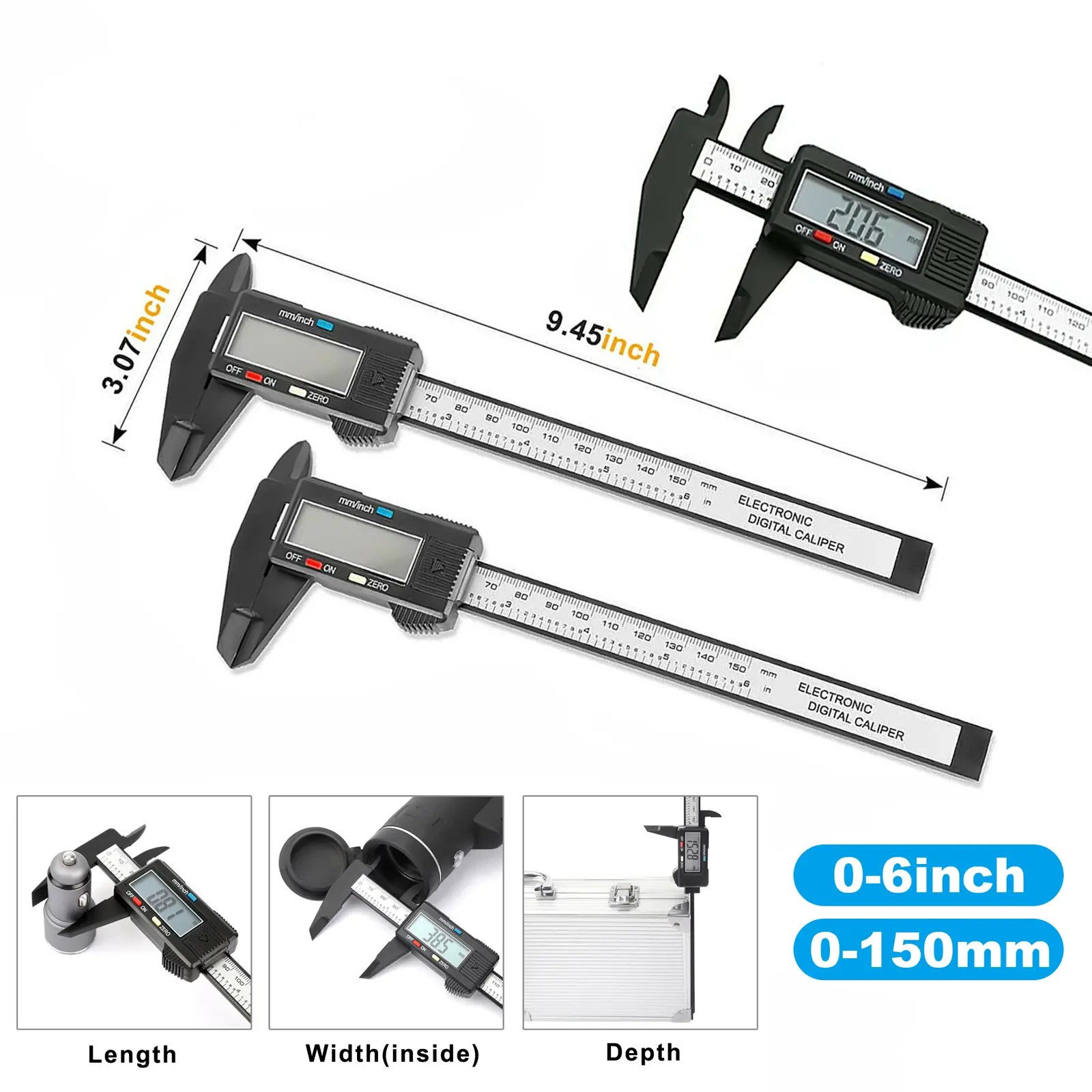 2-Pcs High Precision Digital Calipers Hand Measuring Tool, 0-6in/0-150mm Inches/mm Range, LCD Display, Multi-Measurement Functions, 1.5v Batteries Included, Adjustable Thumbscrew Lock, 23.7cm (9in) Compatibility, for Industrial & Automotive Use, Mm/Inch S