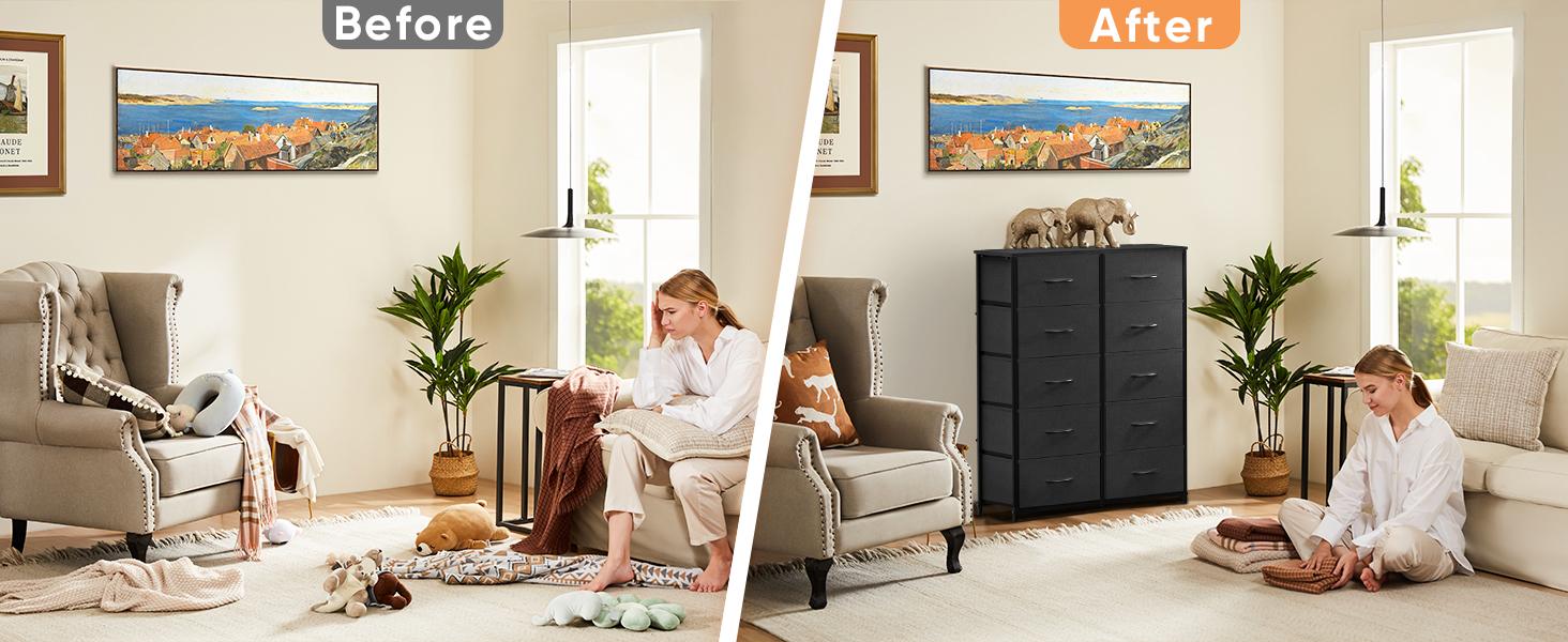 Tall Drawer Organizer Storage Drawers Fabric Storage Tower with 10 Drawers, with Fabric Bin, Wood Top for Bedroom, Closet